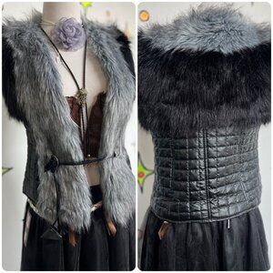 Vintage~Y2K Black Faux Fur Fairy Grunge Glam Indie VEST~M